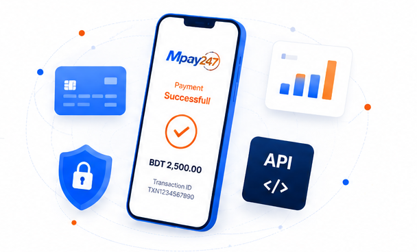 Mpay247 payment verification: a phone confirming a successful payment, surrounded by card, security and API elements